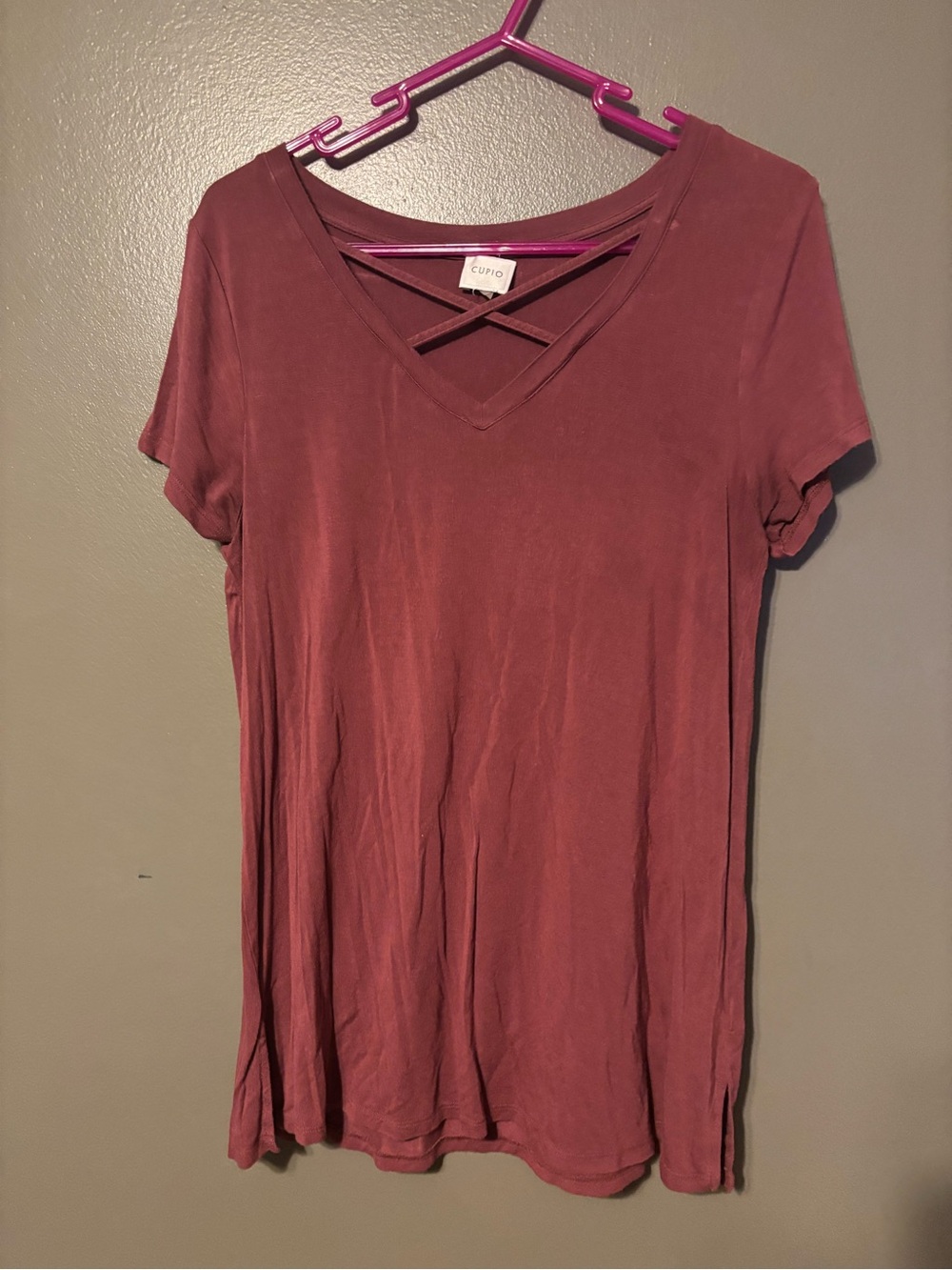 Cupio Mauve-Pink Crisscross V-Neck Short Sleeve Top